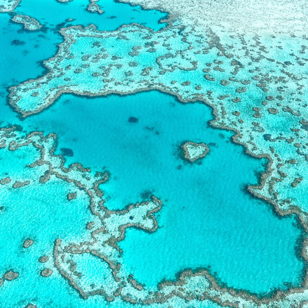Aerial view of the Great Barrier Reef with turquoise waters and coral formations.