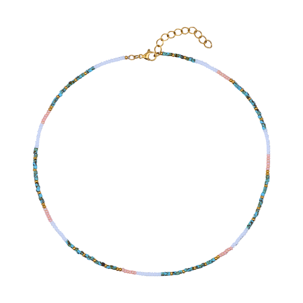Multicolored beaded necklace on a white background