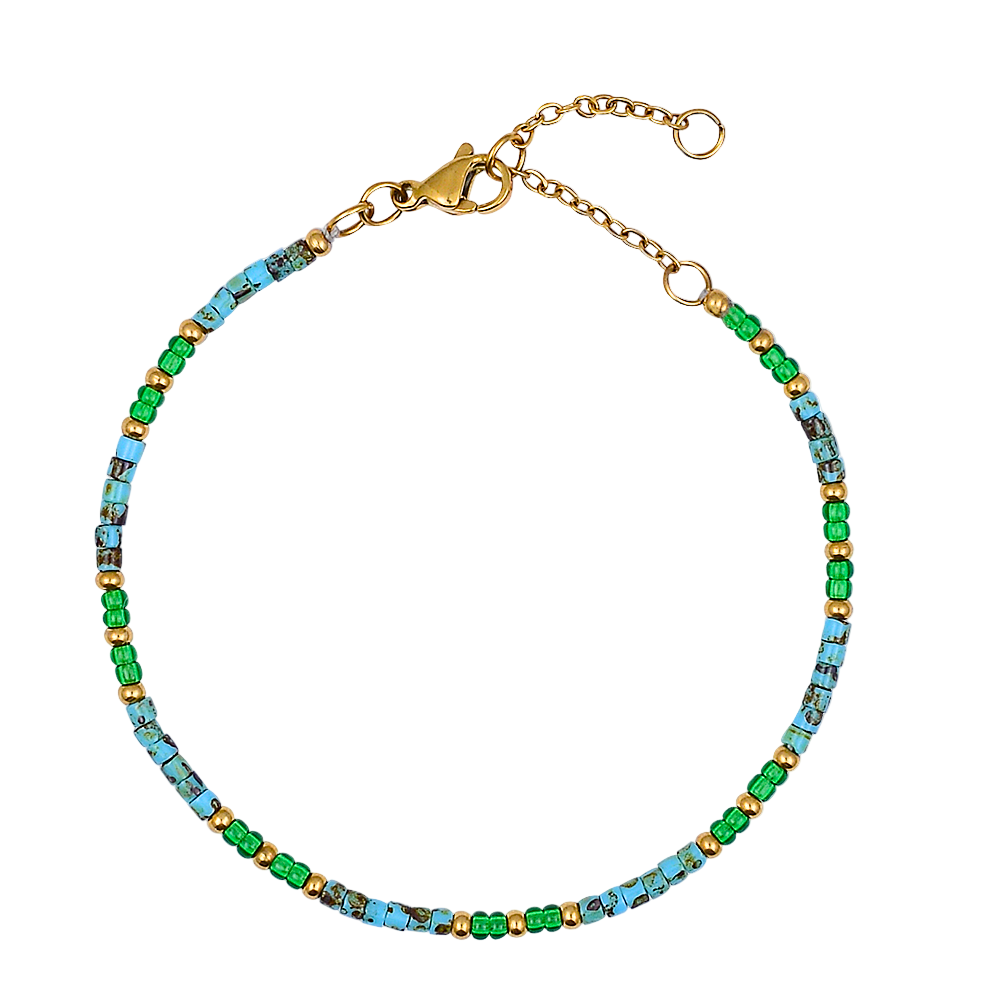 Bracelet with green and blue beads on a white background
