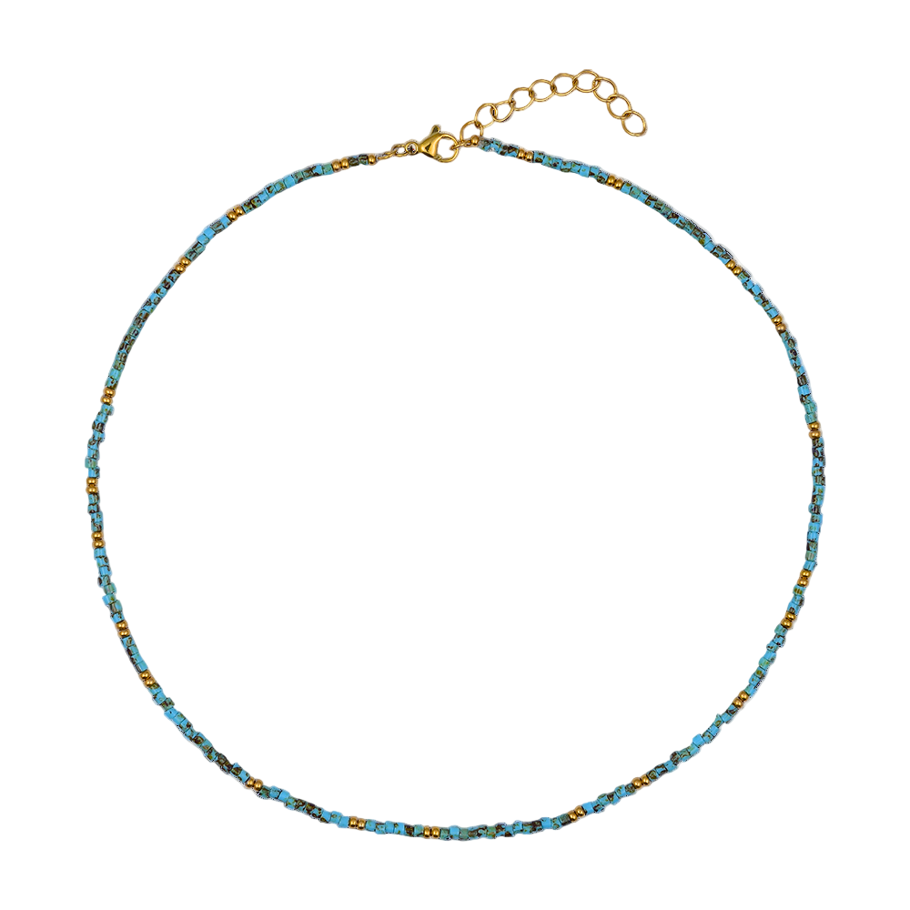 Beaded necklace with a gold clasp on a white background