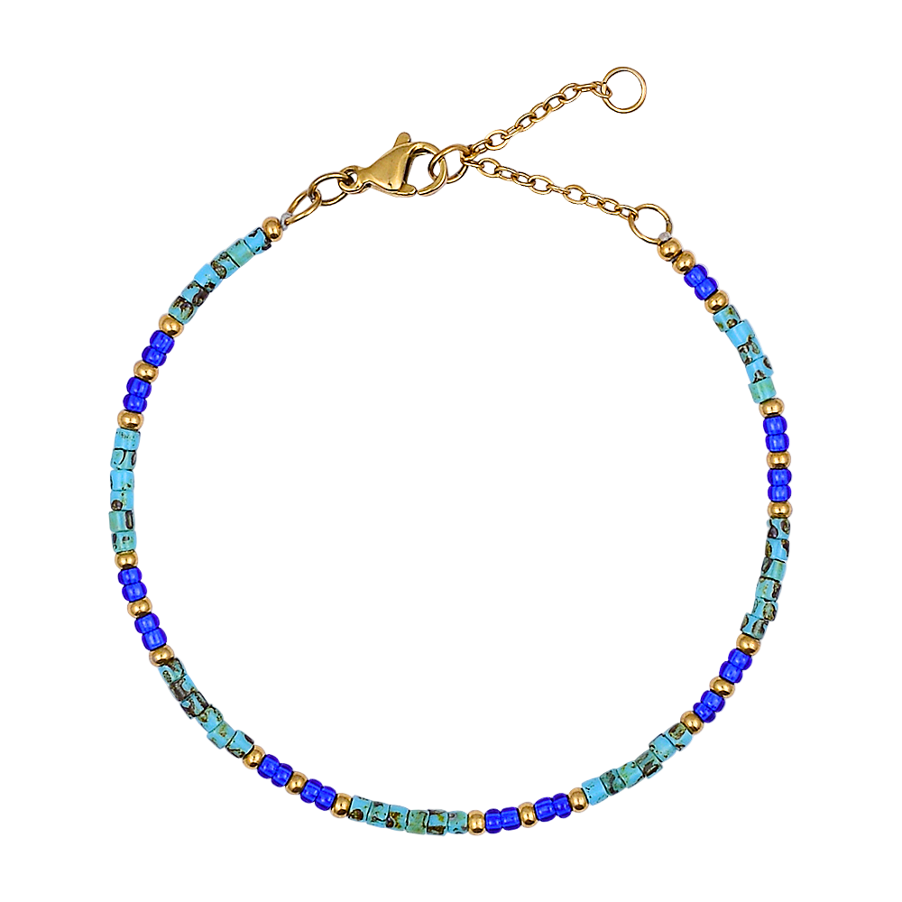 Beaded bracelet with blue and gold beads on a white background