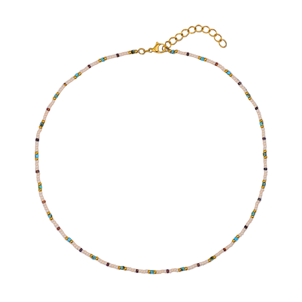 Necklace with multicolored beads on a white background