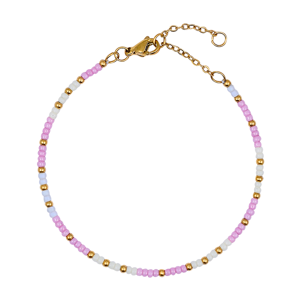 Beaded bracelet with pink, white, and gold beads on a white background
