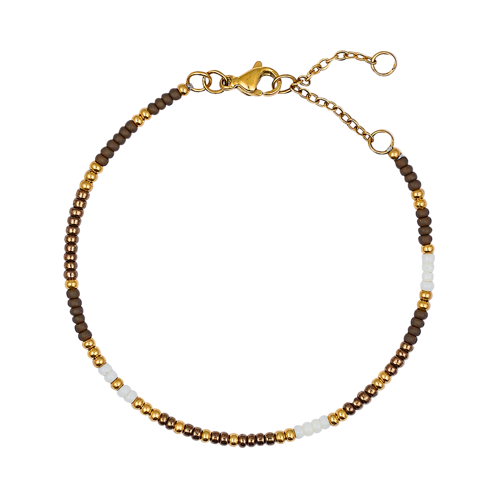 Beaded bracelet with gold, brown, and white beads on a white background