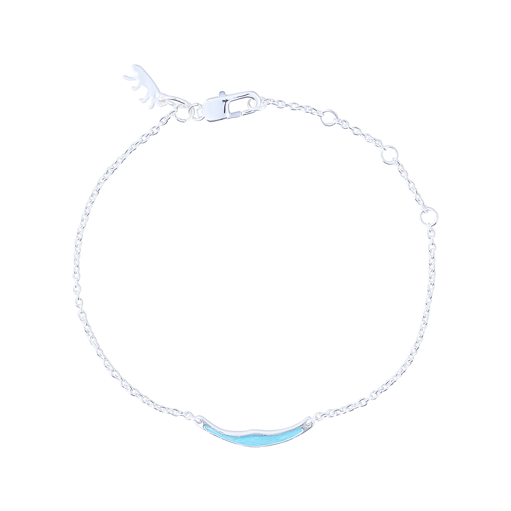 Silver bracelet with a blue wave charm on a white background