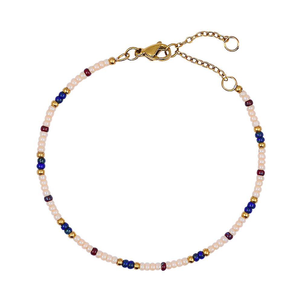 Multicolored beaded bracelet with a gold clasp on a white background