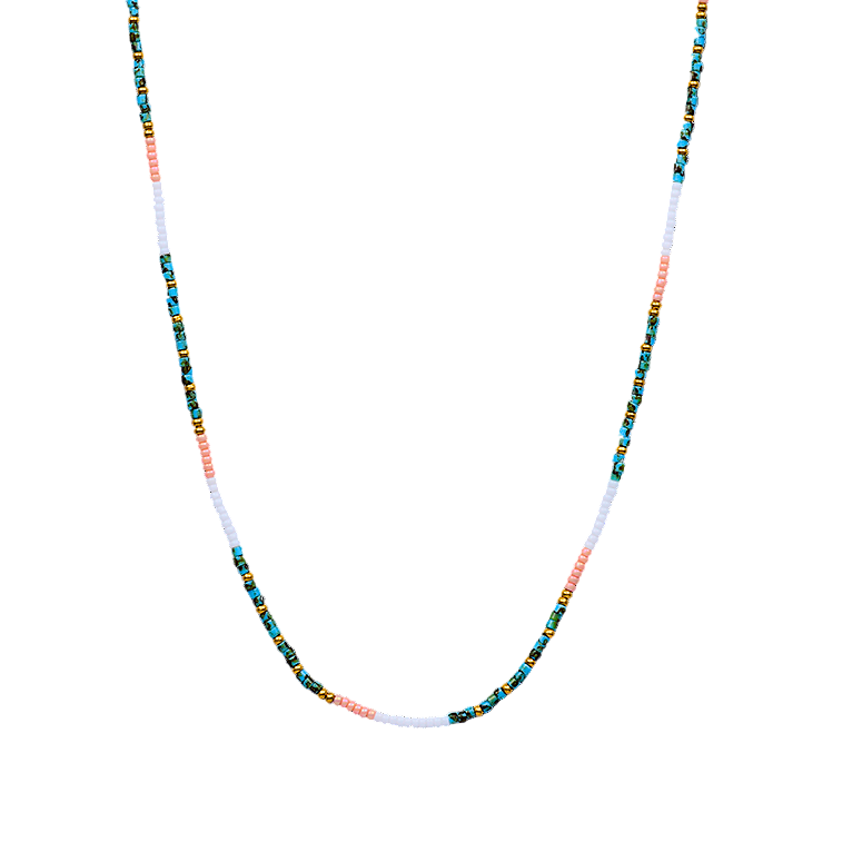 Multicolored beaded necklace on a white background