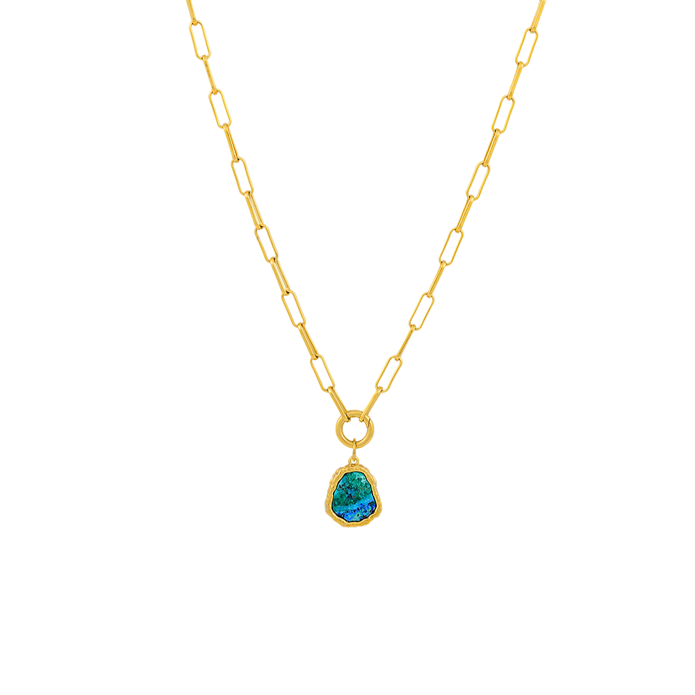 Gold necklace with a blue pendant on a white background