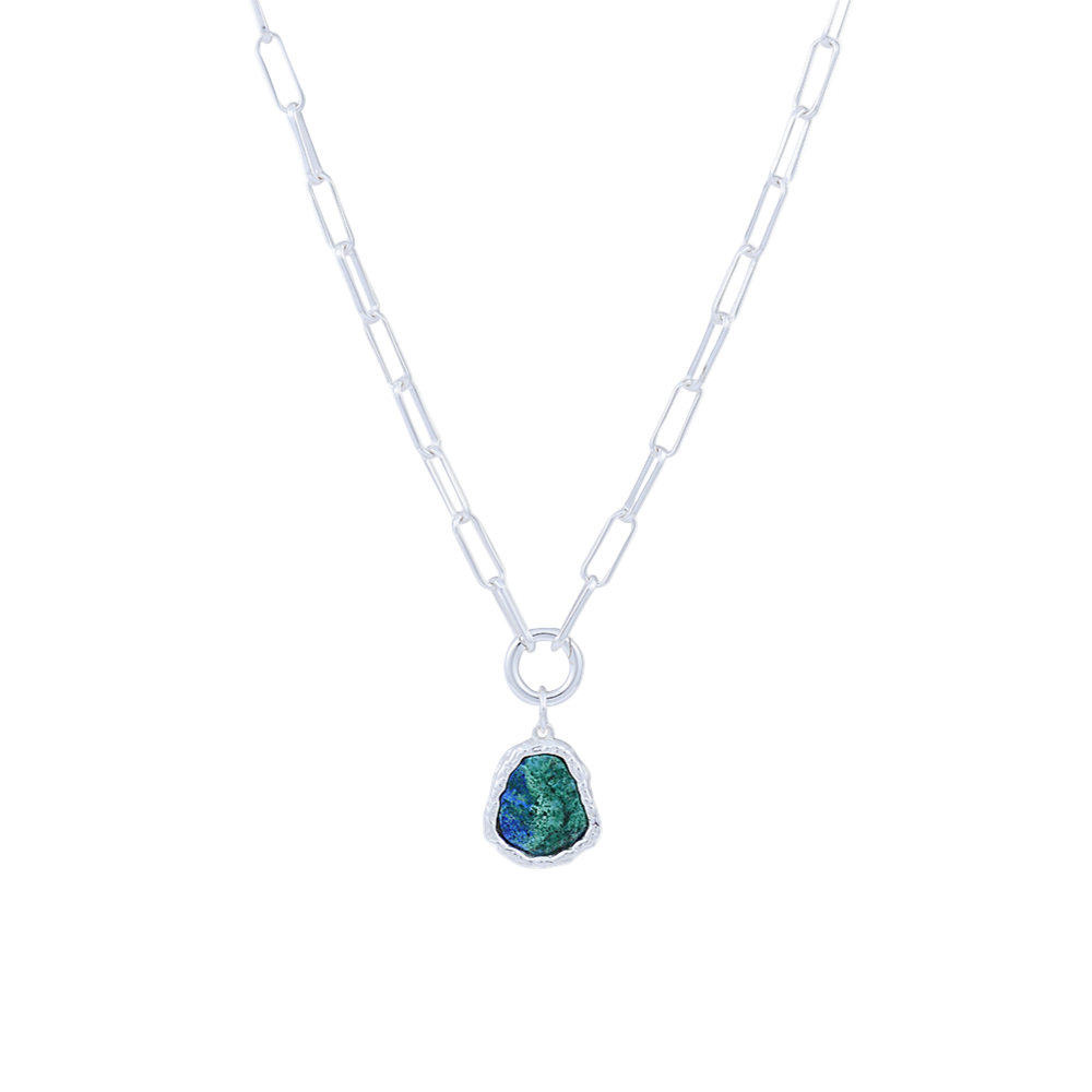 Silver Necklace with a pendant featuring a BLue and green stone on a white background