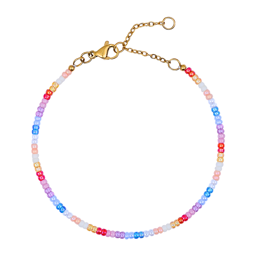 Multicolored beaded bracelet with a gold clasp on a white background