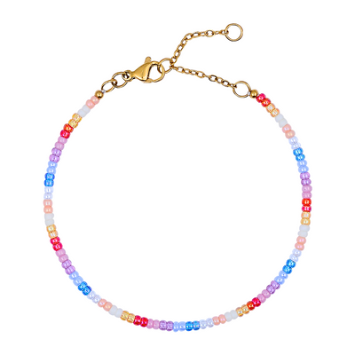 Multicolored beaded bracelet with a gold clasp on a white background