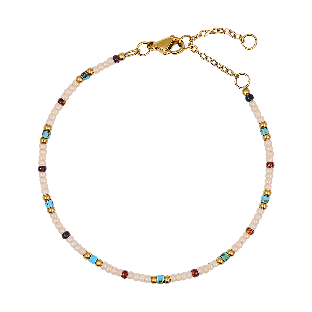 Beaded bracelet with multicolor beads and gold clasp on a white background